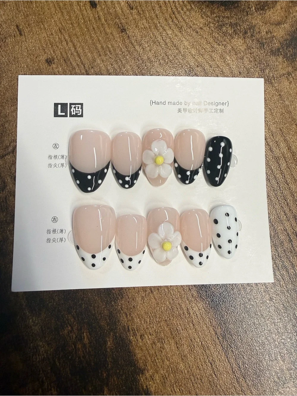 Pink Daisy Polka Dot Press-On Nail Set - Black & White Large